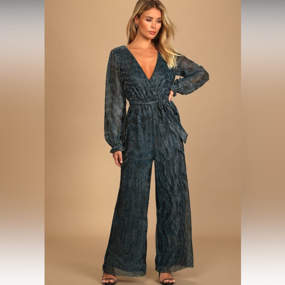 Metallic Long-Sleeve Teal Shimmer Jumpsuit (Small)